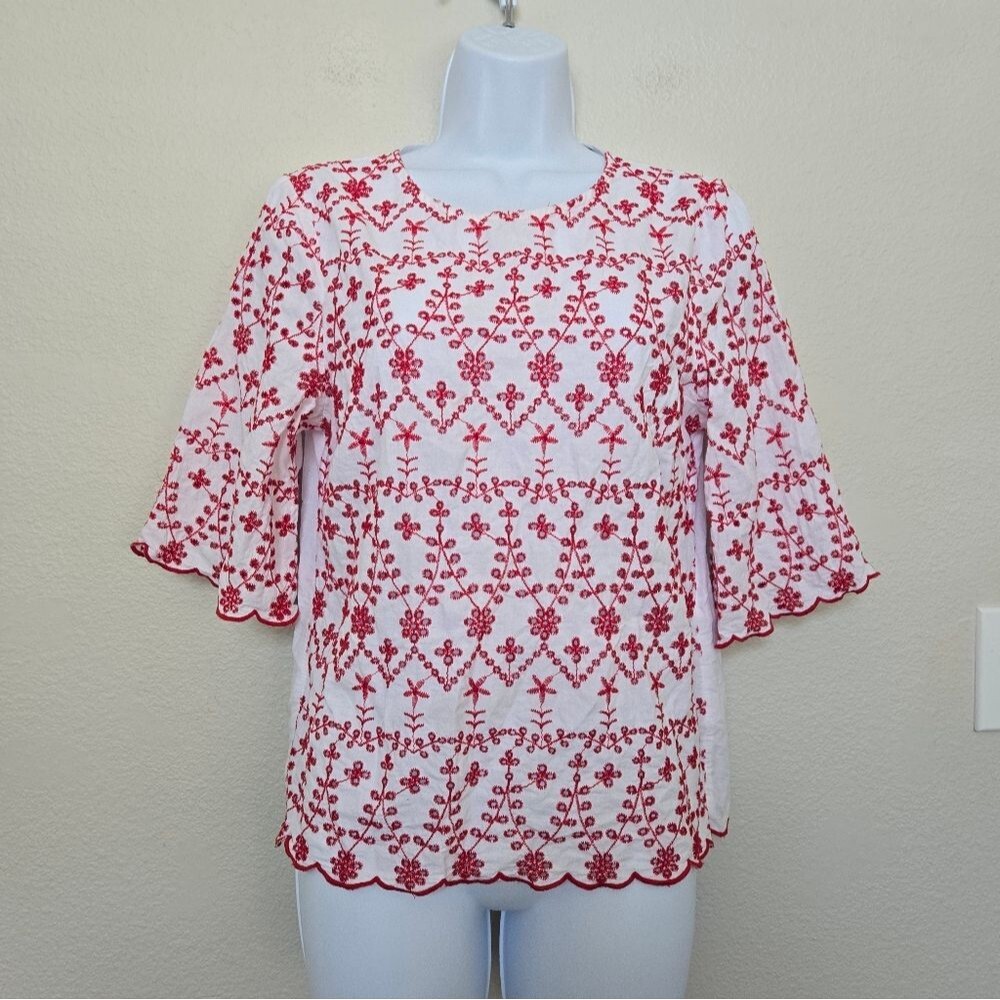 Primark Cotton Floral Embroidered Red White Boho Blouse Size Medium Bohemian
